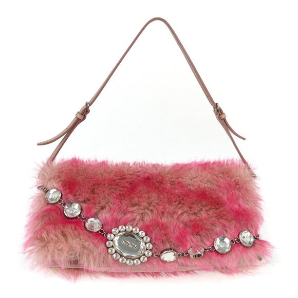 Miu Miu Handbags - Miu Miu Pink Eco Fur Bijou Chain Shoulder Bag 194 KQ00236